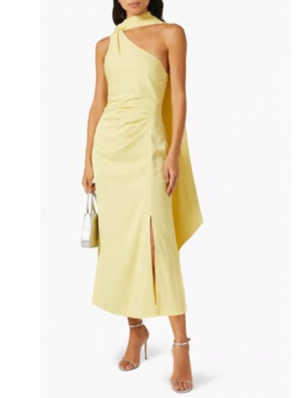 Misha Estra One Shoulder Cocktail Midi Dress Venetian Gold Yellow 10